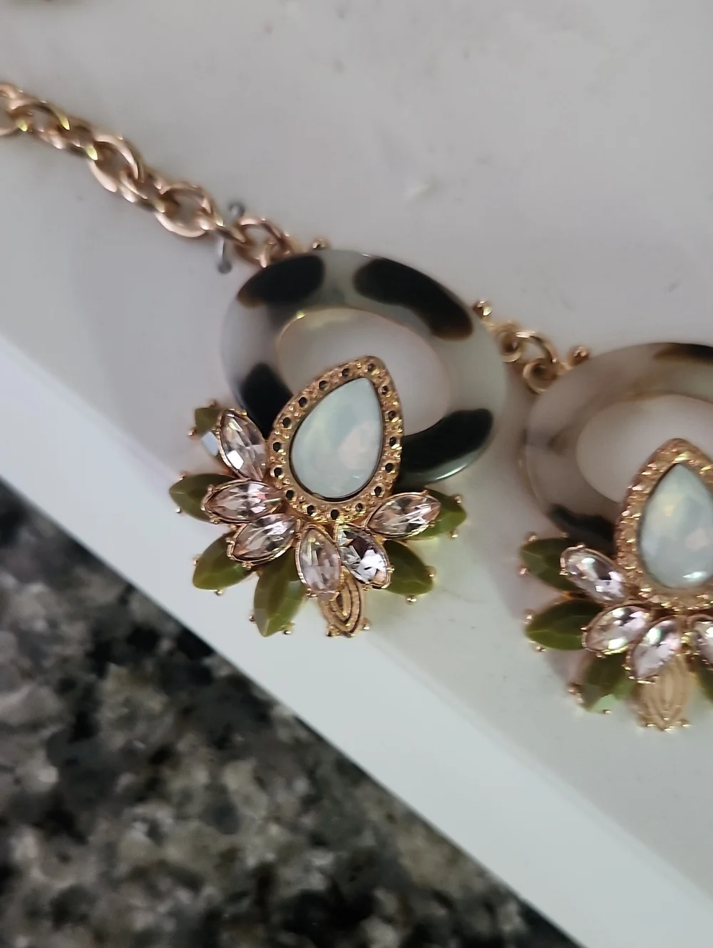 Gold-Tone Tortoise Shell Green & Cream Floral Statement Necklace and Earring Set